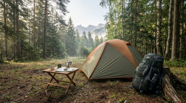 Tent and camping gear in a forest clearing