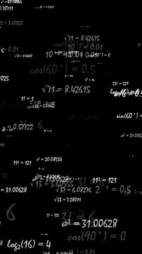 vertical white mathematical equations and algebra formulas scrolling on dark background for stem learning and data science