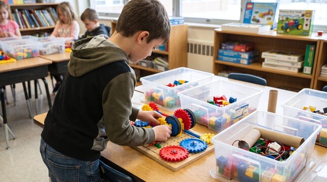 Boy building with colorful gears and blocks in classroom