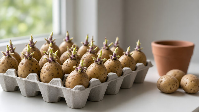 Seed potatoes chitting in egg trays on a bright windowsill in spring