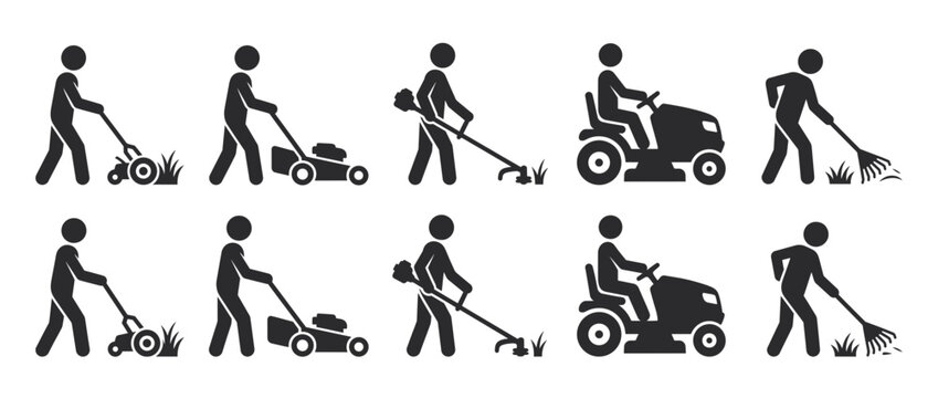 Lawn care icons with gardening tools. Yard maintenance symbols and equipment illustrations. Lawnmower, Wheelbarrow, Rake, Leaf Blower, Trimmer. Flat design for apparel and branding. Vector.