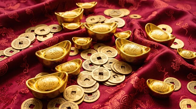 Chinese Gold Ingots and Ancient Coins on Red Silk Background