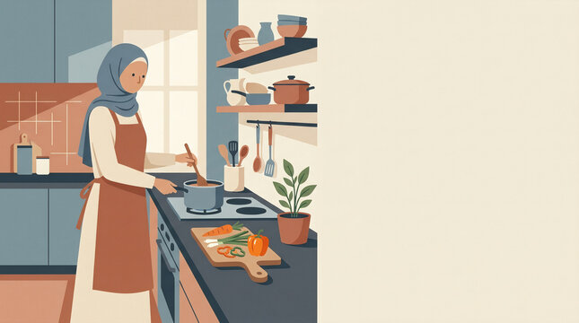 Flat vector illustration of a Muslim woman in a hijab cooking in a modern kitchen with copy space