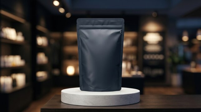 Black matte pouch on pedestal in retail store.