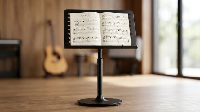 Black music stand with sheet music in a modern room.