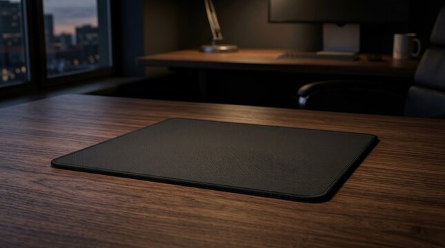 Black mouse pad on dark wood office desk.