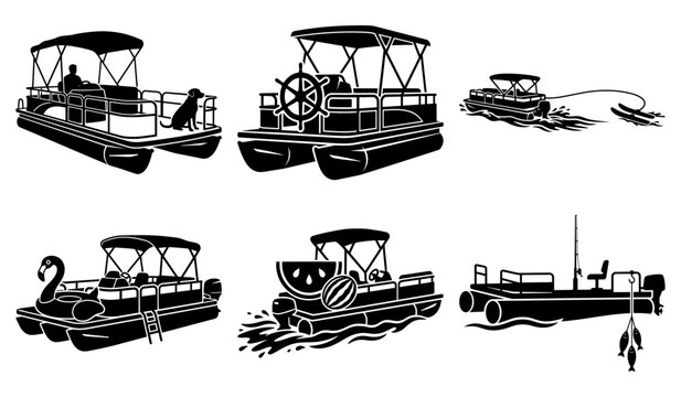 Pontoon boat silhouette collection featuring various family and leisure designs