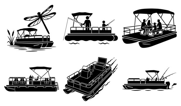 Pontoon boat vector graphics set recreational fishing watercraft black icon