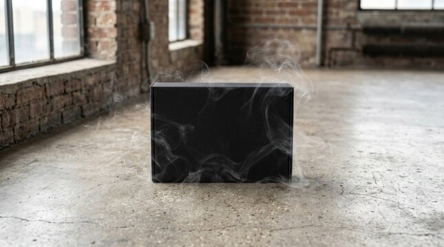 Black rectangular object emitting white smoke in industrial room.