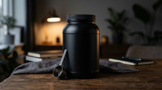 Black protein powder container on wooden table with scoop.