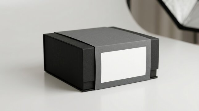 Black rigid gift box with white cardboard sleeve mockup.