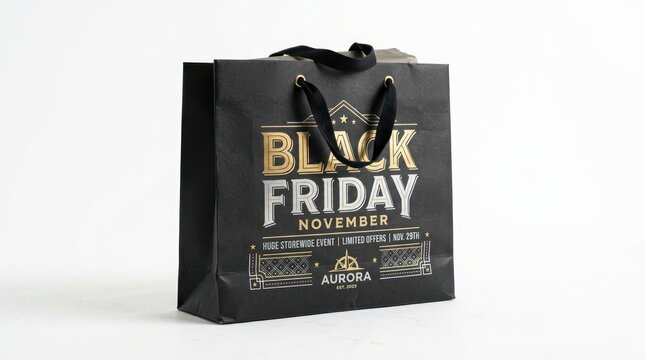 Black shopping bag with Black Friday text on white background.