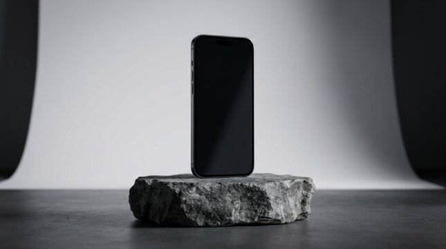Black smartphone standing on a rough grey stone pedestal.