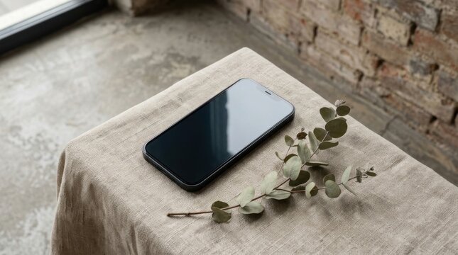 Black smartphone on linen cloth with dried eucalyptus branch.