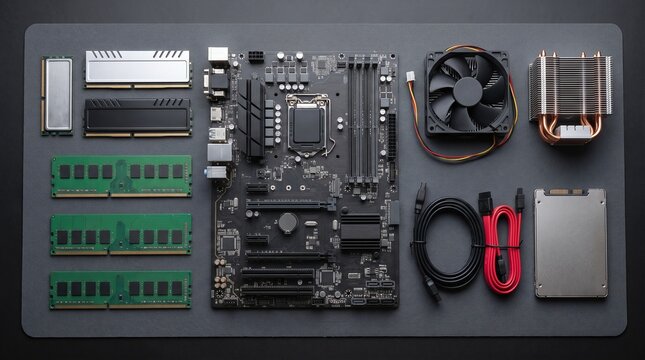 Computer Components: Motherboard, RAM, Fan, Cooler, SSD, Cables
