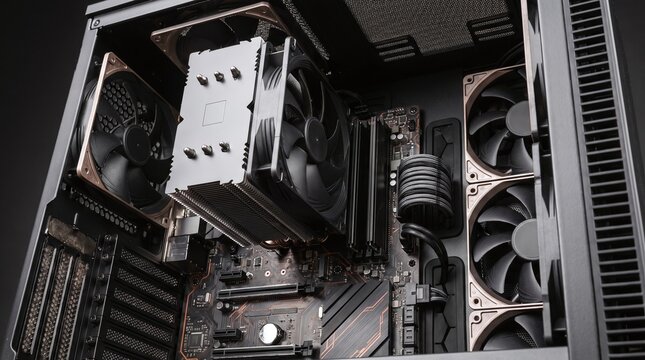 Inside a PC computer case, cooling system, fans, motherboard