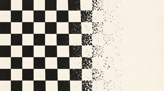Black and cream checkerboard pattern dissolving into scattered ink specks on textured paper, halftone dither effect