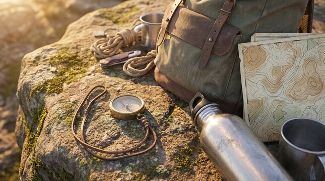 Adventure Gear: Backpack, Compass, Map, Water Bottle on Rock