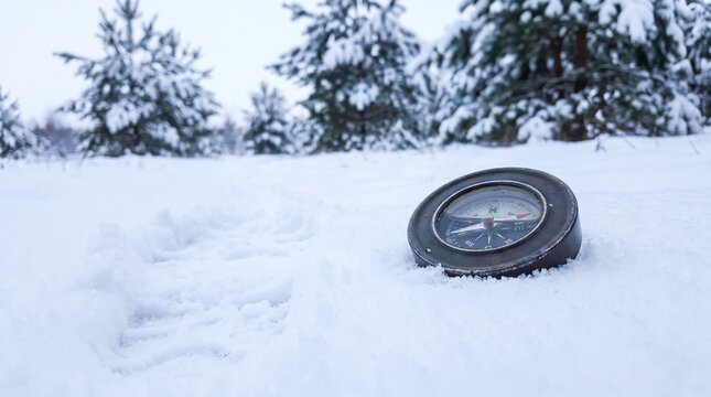 Compass in snow, winter forest, navigation, outdoor adventure