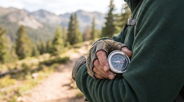 Hiker holding compass on mountain trail, outdoor adventure navigation
