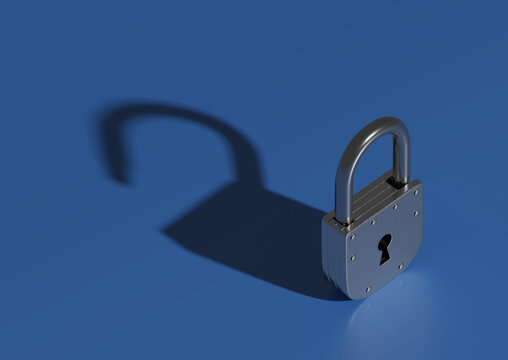A closed padlock casting a shadow in which it appears open. Concept of a security flaw. 3D illustration.