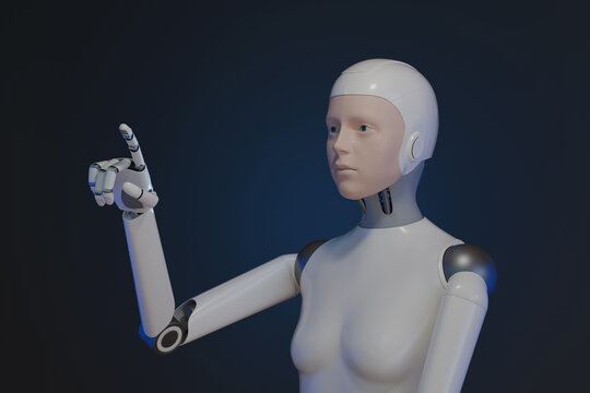 Portrait of a female humanoid robot pointing with her finger. 3d illustration.