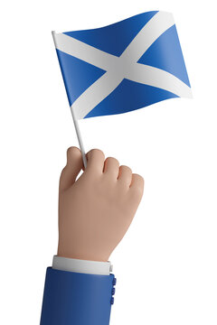 Cartoon hand with the flag of Scotland. 3d illustration.