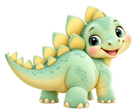 Cute green dinosaur with yellow plates smiling happily, cartoon style with big eyes and textured skin