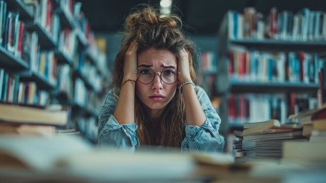 student research sample exam by tablet, prepare for test and learning lessons in the library. stress, despair, haste, misunderstanding reading, discouraged, expectation, knowledge