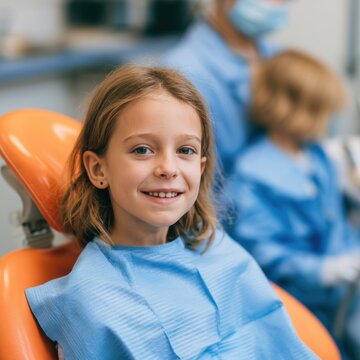 young girl is sitting in a dentist's chair. Children is smiling and enjoying her visit to the dentist
,dentistry, clinic, dental