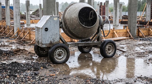 Concrete mixer at construction site during rain, muddy ground
