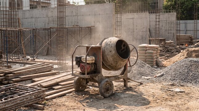 Concrete mixer at construction site with building materials