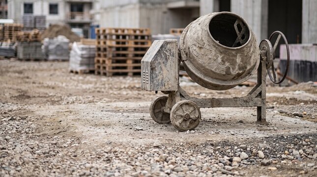 Construction Site Cement Mixer Machine on Gravel Ground