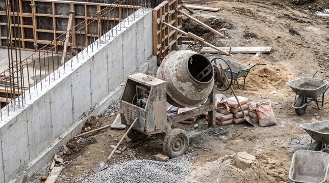 Construction Site with Cement Mixer and Building Materials