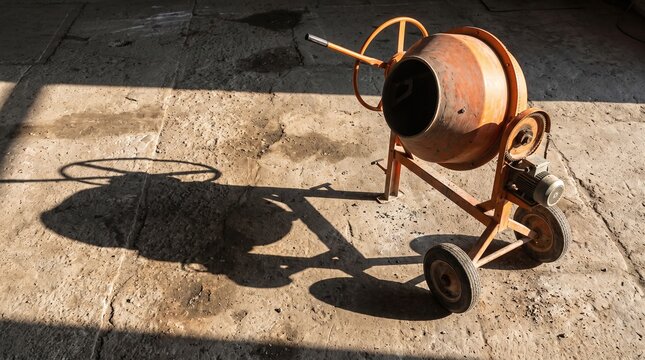 Rusty Concrete Mixer Machine on Pavement with Strong Shadow