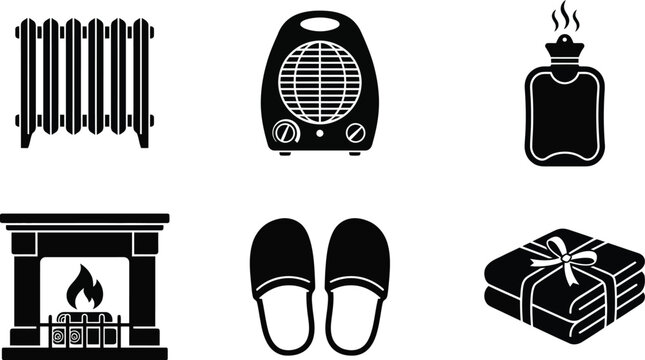 Set of winter heating and cozy home comfort icons including radiator, heater, hot water bottle, fireplace, slippers, and blanket