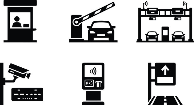 Set of toll road and parking infrastructure icons including barrier, payment terminal, surveillance camera, and gantry
