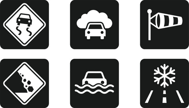 Set of road weather and driving hazard warning icons including slippery road, fog, strong wind, falling rocks, and snow