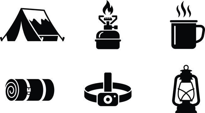 Set of camping and hiking equipment icons including tent, stove, mug, sleeping mat, headlamp and lantern