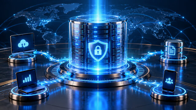 A glowing digital data hub in a futuristic environment. It features a central server with a glowing lock symbol, surrounded by connected devices on a world map backdrop, emphasizing security