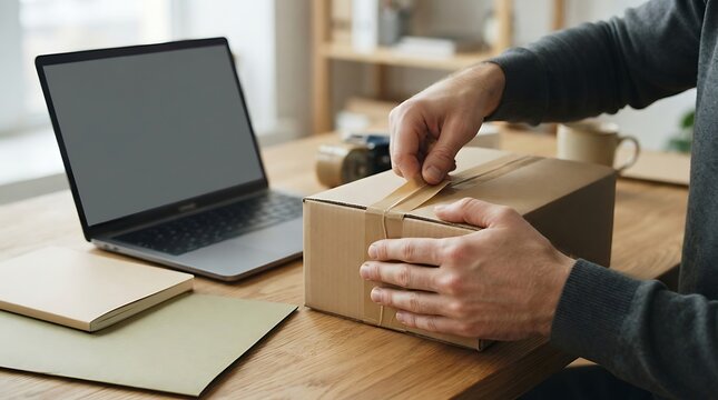 Person opening a cardboard shipping package on a desk near a laptop with home office
