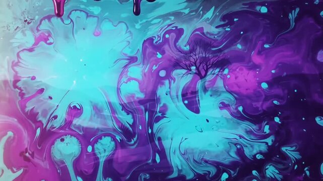 blue purple liquid paint bleeding landscape abstract tree watercolor style animation