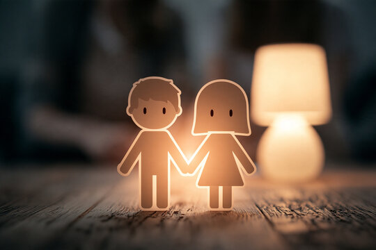 Paper cutouts of boy and girl figures held together in warm lamplight glow with cutout