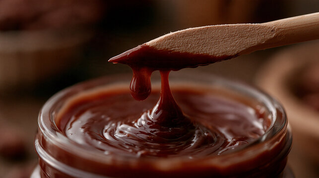 Thick chocolate spread being lifted from a glass jar with a wooden spatula