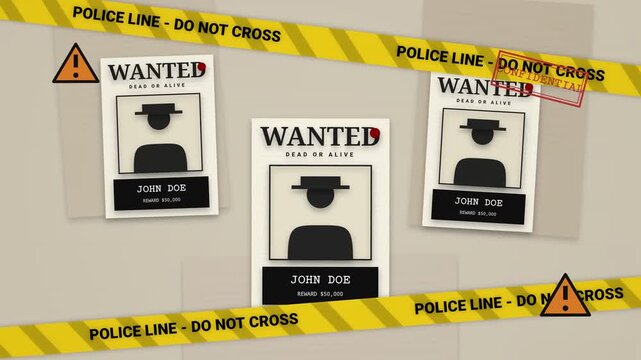 Wanted Posters with Police Tape and Confidential Stamp Motion Background