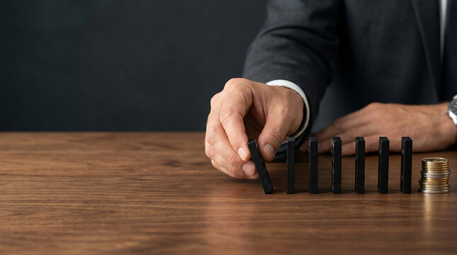 Businessman hand stopping falling domino pieces on wooden desk, ideal for risk management, corporate strategy and financial planning