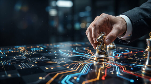 Hand moving a metallic knight on a glowing circuit board chessboard, cinematic lighting, ideal for business strategy, AI innovation and corporate planning