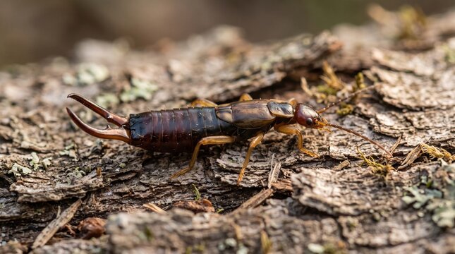 European Earwig Crawling on Tree Bark Macro Wildlife Photography[cite: 16]