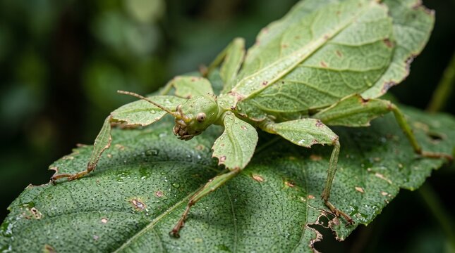 Leaf Insect Camouflaged on Green Leaf Macro View