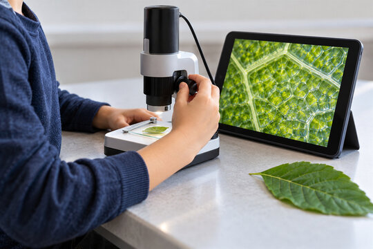 Child studies a leaf with a digital microscope